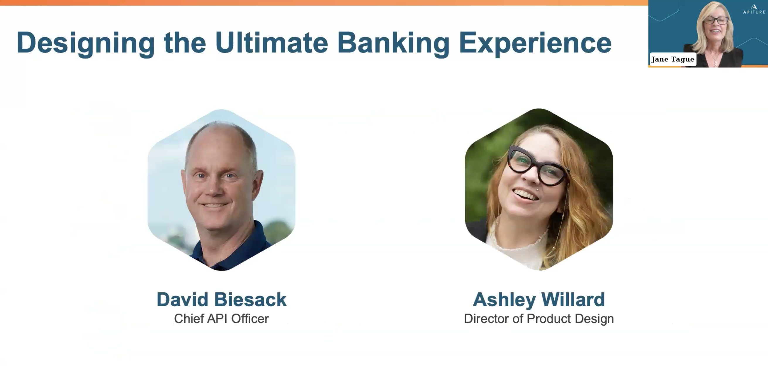 Screenshot from the "Designing-the-Ultimate-Banking-Experience" webinar showing speakers David Biesack and Ashley Willard