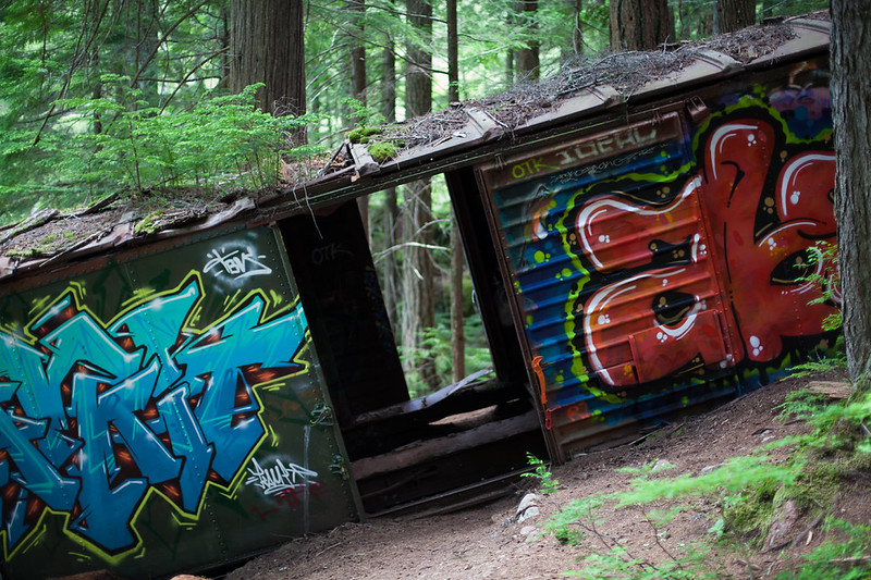 Slanted Carriage, one of the freight cars on the Train Wreck Trail near Whistler, BC